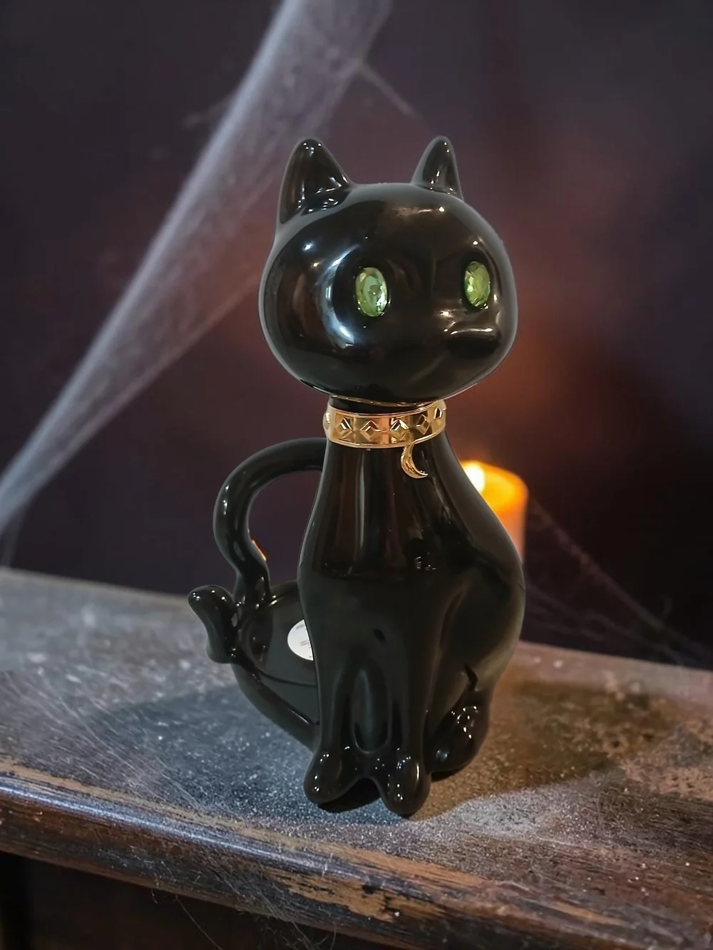 Black Ceramic Cat Candle Holder with Gold Collar